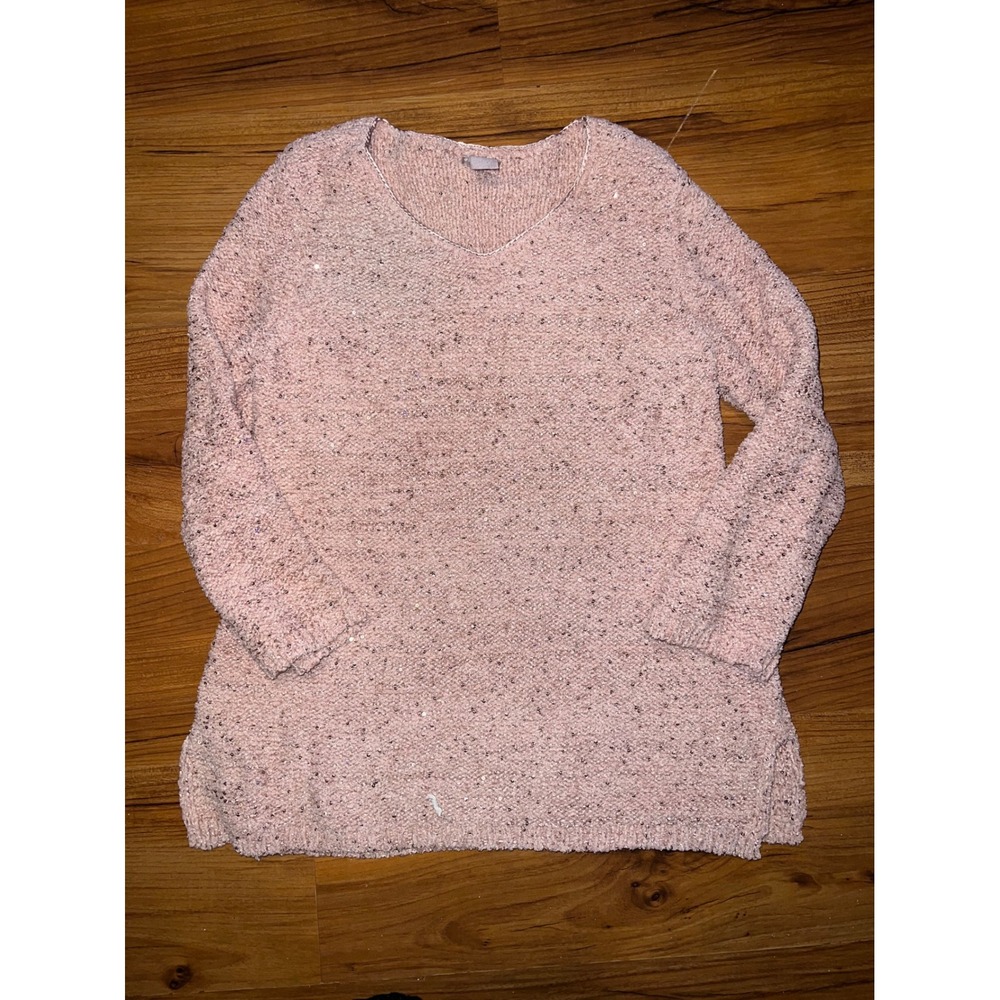 Chicos Pink Sequin Boucle V-Neck Sweater Size 1 Medium Metallic Knit Top